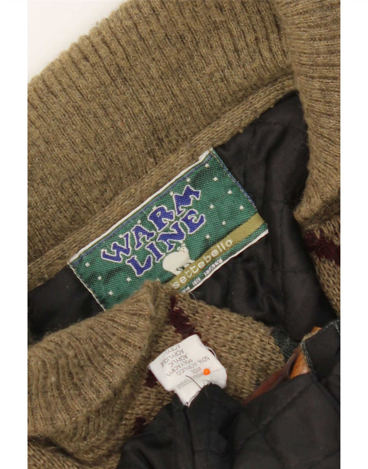 Vintage hombres Cardigan suéter medio caqui lana geométrica