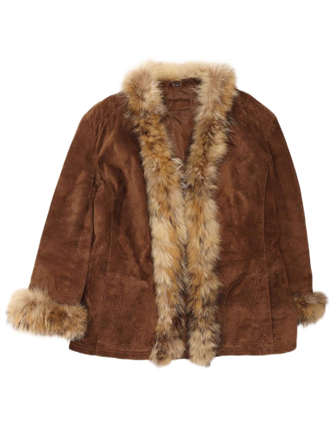 VINTAGE Chaqueta de ante abierta para mujer IT 46 Cuero marrón grande