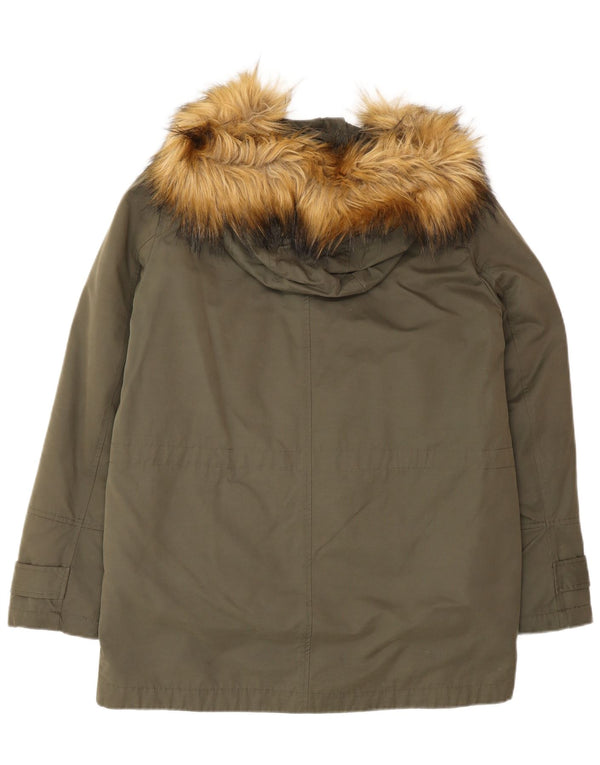 Zara Mujer Parka Extragrande Con Capucha UK 10 Small Caqui Poliéster