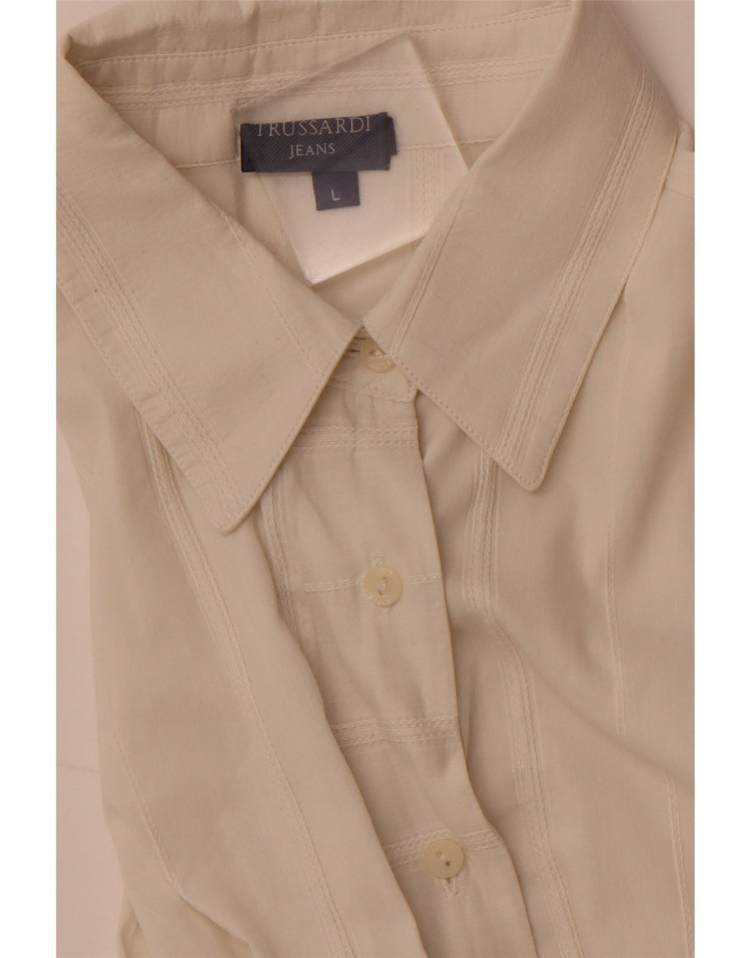 TRUSSARDI JEANS Blusa camisera para mujer UK 44 Grande Blanco Roto Rayas