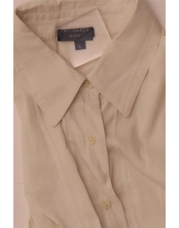 TRUSSARDI JEANS Blusa camisera para mujer UK 44 Grande Blanco Roto Rayas