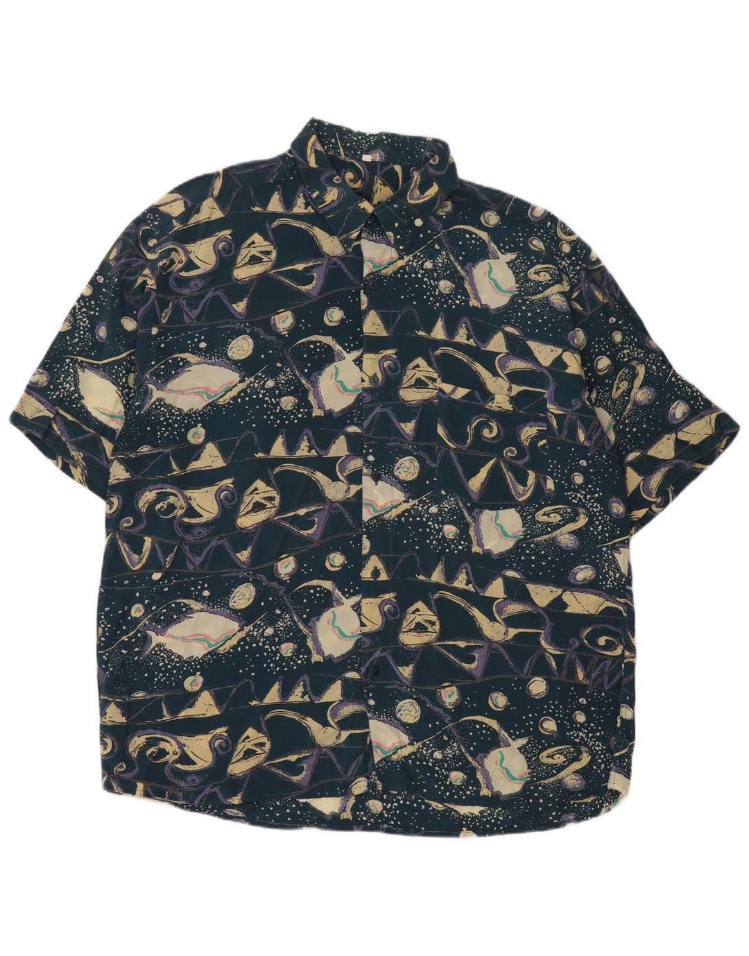 Vintage hombres patrón abstracto camisa de manga corta XL azul viscosa retro