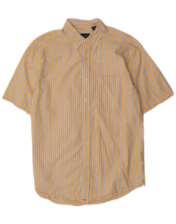 IZOD Camisa de manga corta para hombre de algodón a rayas amarillas medianas