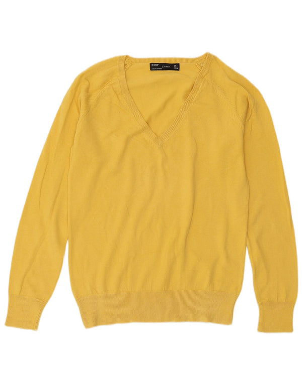 ZARA Jersey con cuello en V para mujer UK 44 Large Algodón amarillo