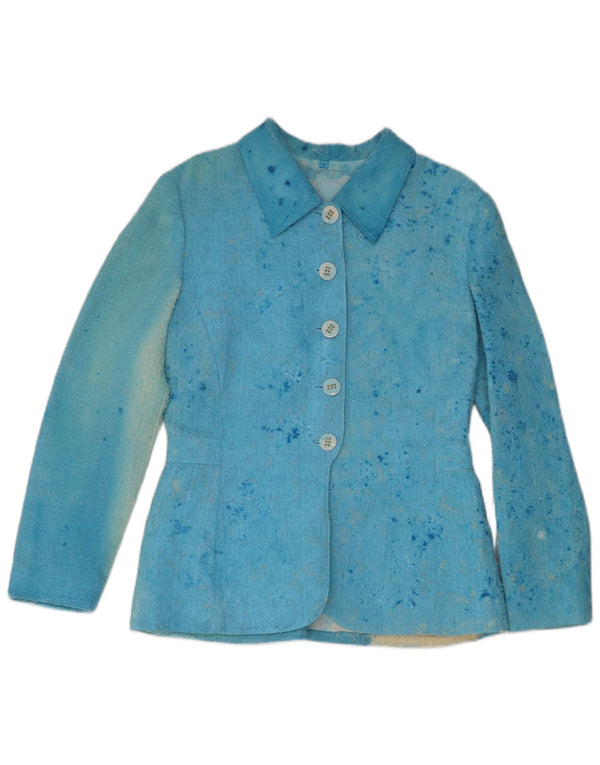 Vintage mujer 5 botones 2 piezas falda set Reino Unido 8 pequeño W26 azul tie tinte lana