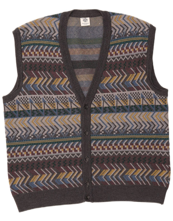 Vintage hombres sin mangas Cardigan suéter IT 56 XL lana geométrica gris