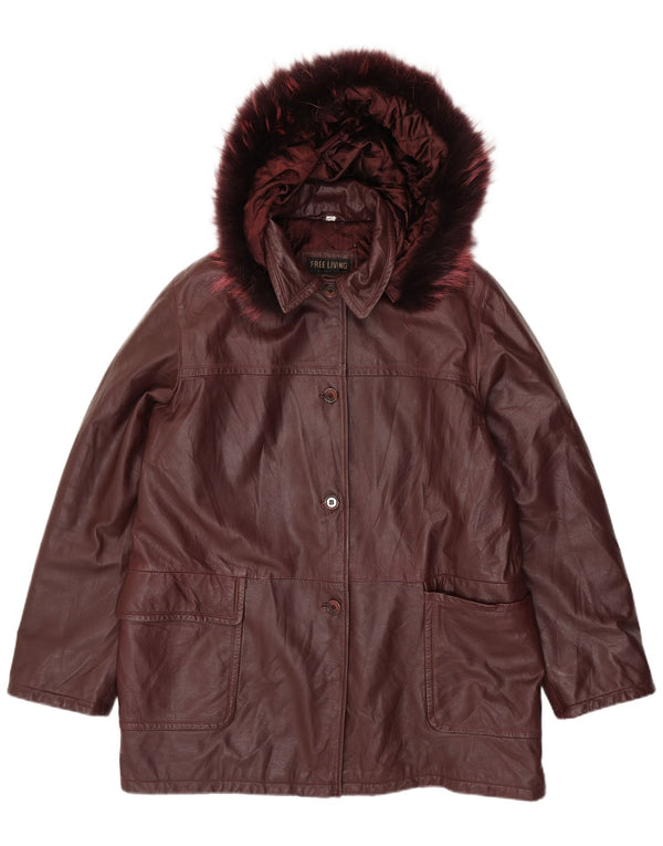 Vintage mujer abrigo de cuero con capucha de gran tamaño IT 50 XL cuero granate