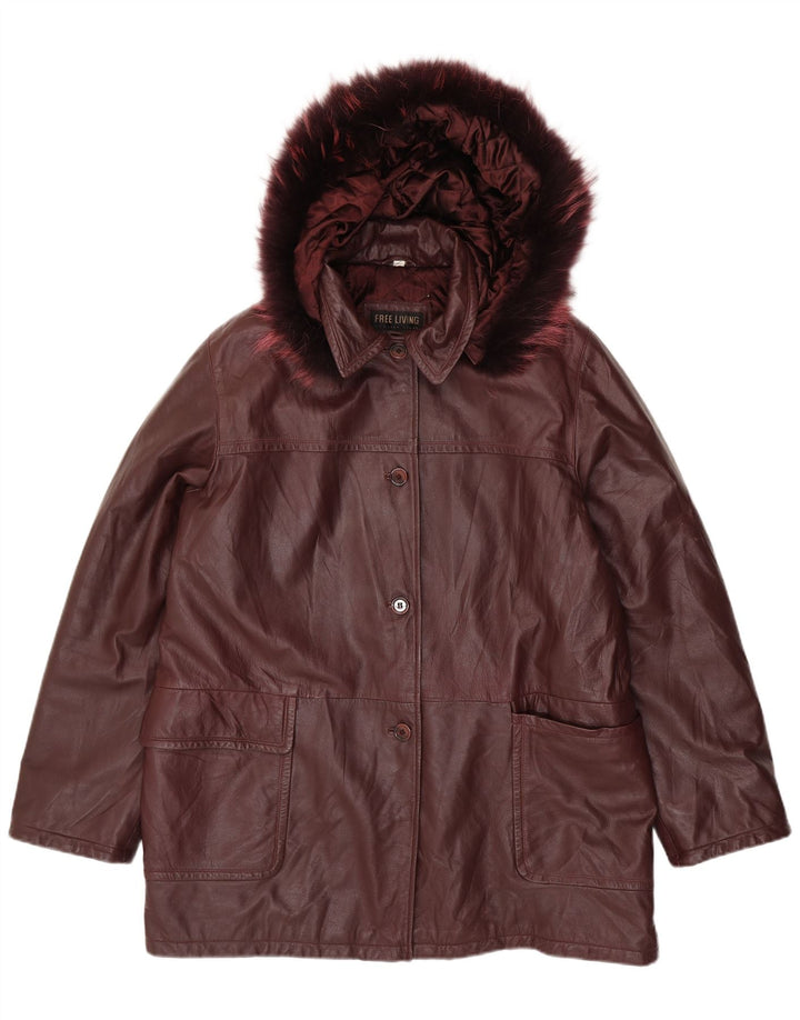 Vintage mujer abrigo de cuero con capucha de gran tamaño IT 50 XL cuero granate