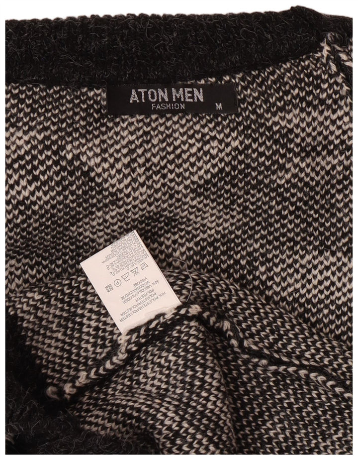 Aton Suéter tipo jersey con cuello alto para hombre, talla mediana, color negro, Fair Isle, Navidad