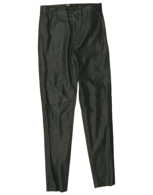 Zara Mujer Pantalón Pitillo De Piel Sintética Pequeño W26 L26 Poliéster Verde