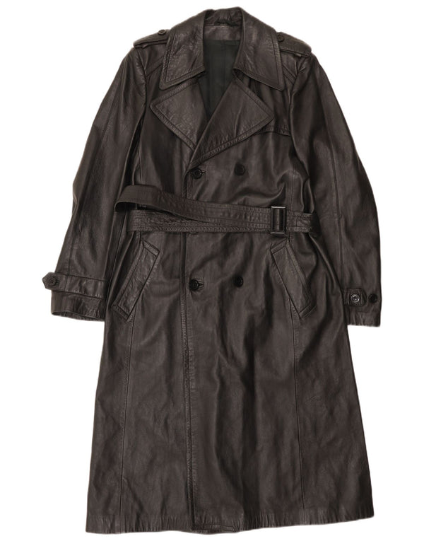 Vintage hombres militar doble pecho cuero abrigo Reino Unido 36 pequeño negro