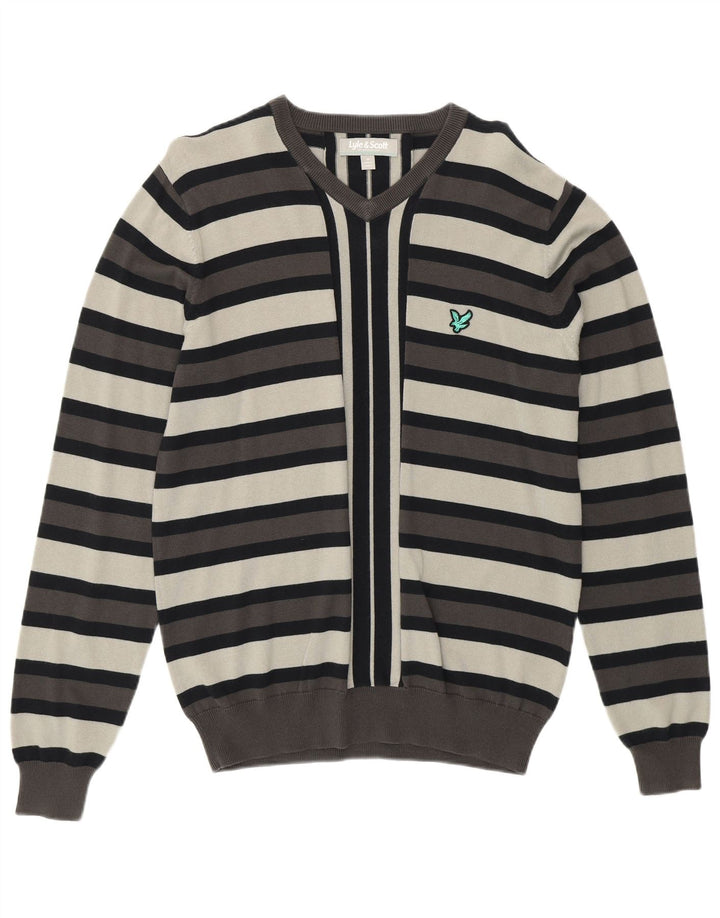 LYLE & SCOTT Jersey con cuello en V para hombre de algodón a rayas gris medio