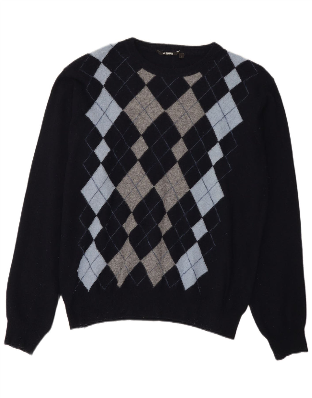 Brugi - Jersey de cuello redondo para hombre, talla grande, color azul marino, lana Argyle/Diamond