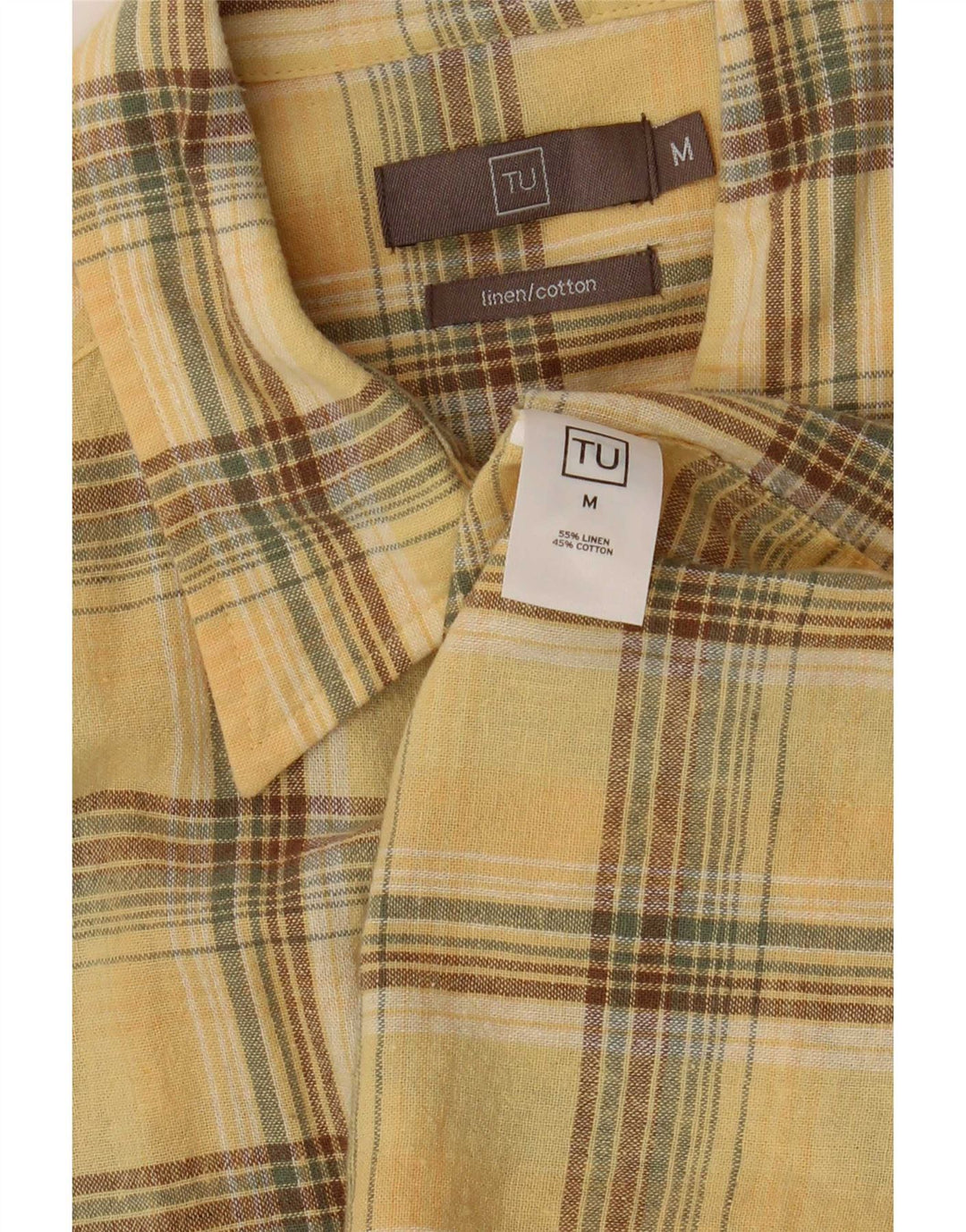 Camisa vintage de manga corta para hombre de lino a cuadros amarillo medio