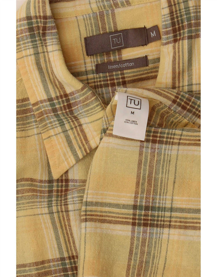 Camisa vintage de manga corta para hombre de lino a cuadros amarillo medio