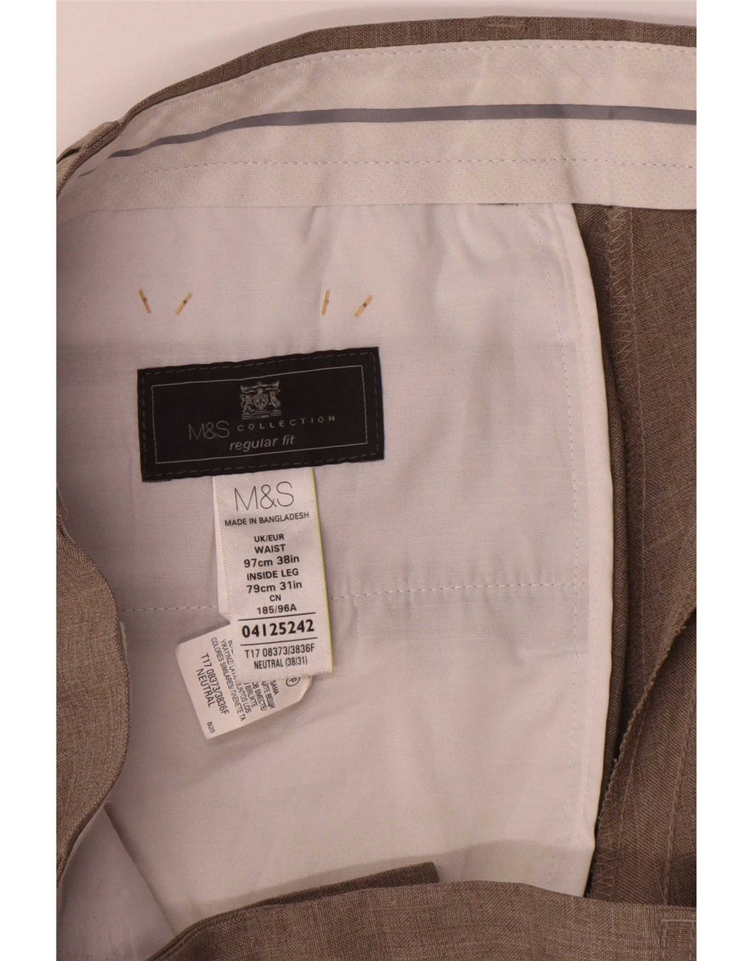 Marks & Spencer Pantalón de traje de corte regular para hombre W38 L31 Poliéster beige