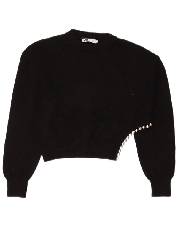 Zara Mujer Crop Oversize Cuello Redondo Jersey Suéter UK 10 Small Negro