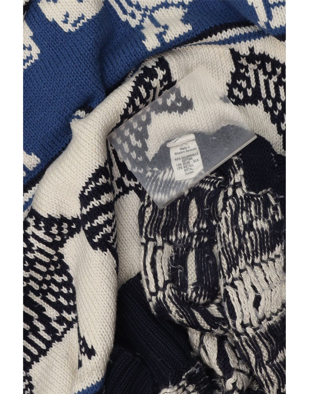 VINTAGE suéter de cuello redondo para mujer Reino Unido 18 XL estampado animal azul marino