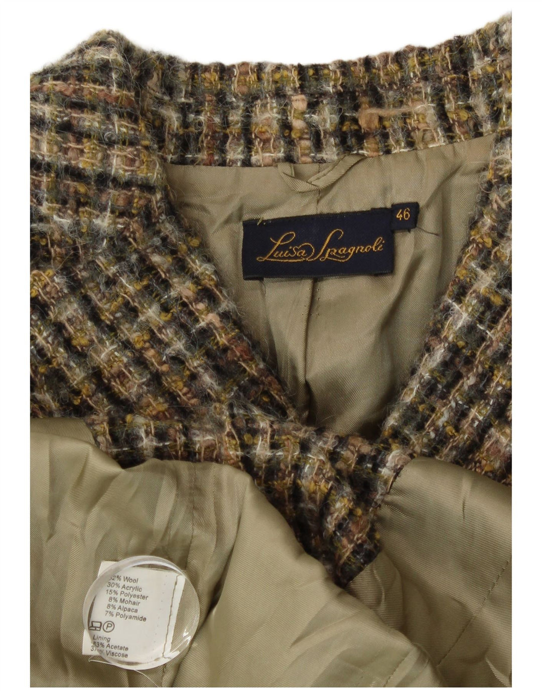 Luisa Spagnoli Chaqueta tipo blazer de 3 botones para mujer IT 46 Lana a cuadros caqui grande