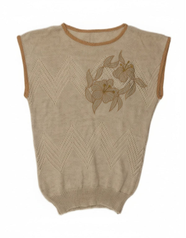 Vintage mujer chaleco camiseta sin mangas Reino Unido 12 medio beige floral acrílico