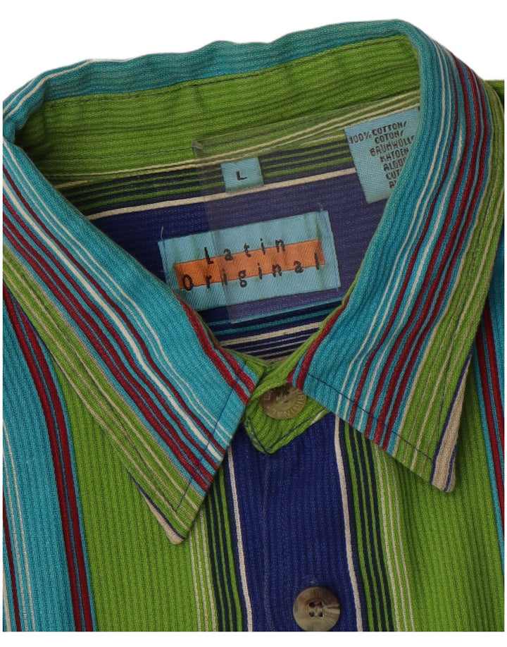 VINTAGE Camisa de manga corta para hombre Algodón de rayas multicolor grande
