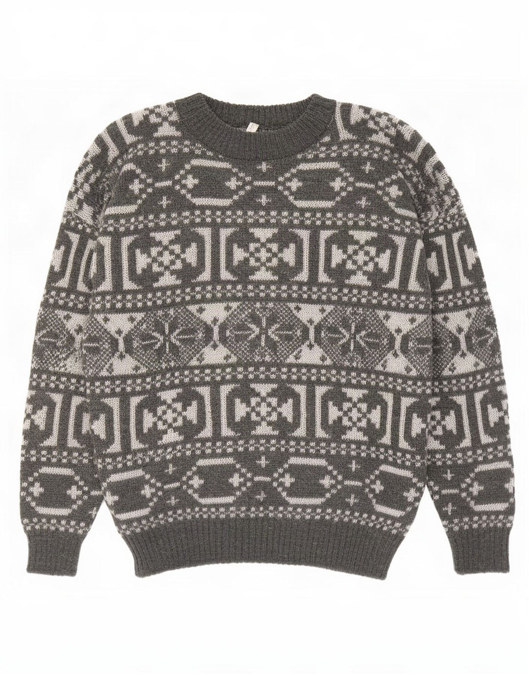 Vintage hombres cuello redondo jersey suéter gris medio lana geométrica