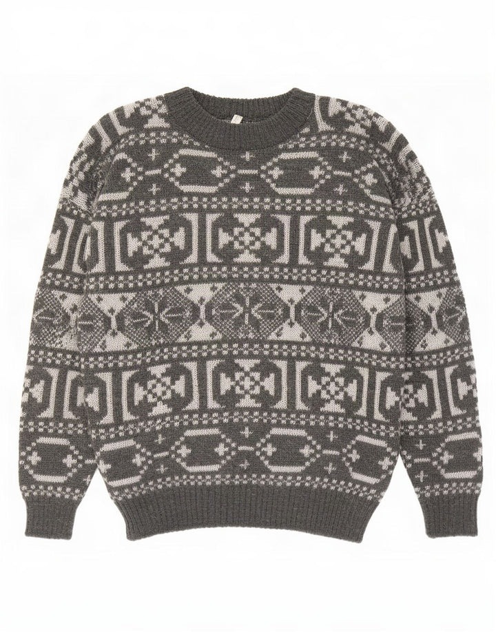 Vintage hombres cuello redondo jersey suéter gris medio lana geométrica