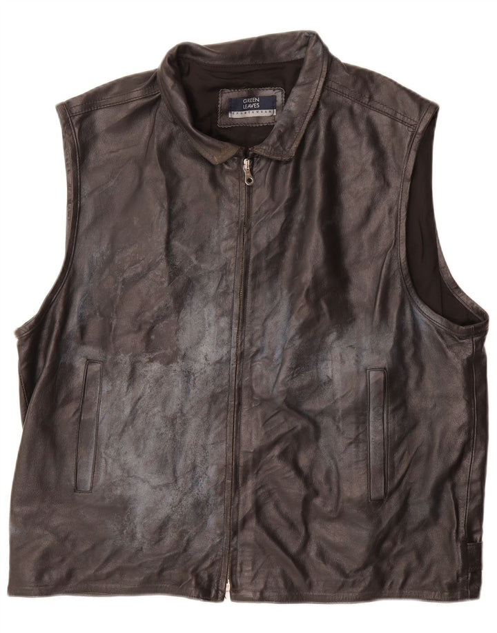 GREEN LEAVES Mens Leather Gilet Large Black Leather