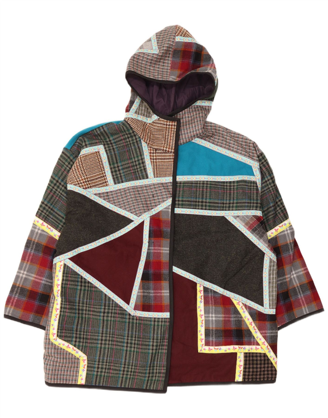 VINTAGE Abrigo cortavientos con capucha para mujer Reino Unido 20 2XL Patchwork multicolor