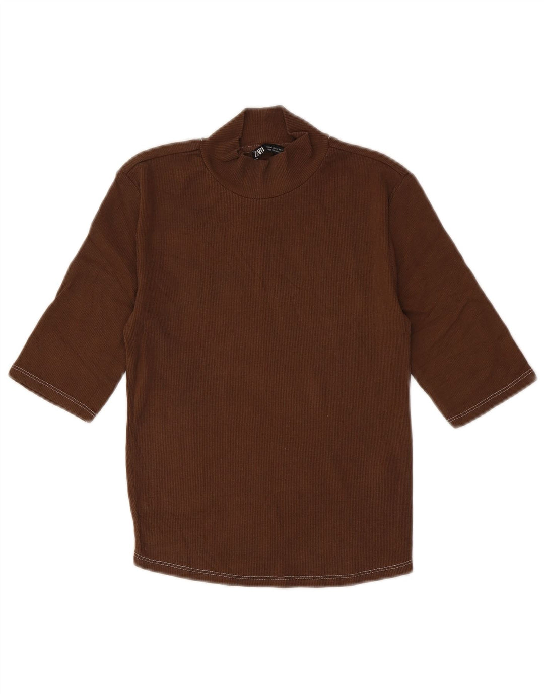 Zara Mujer Crop Top Manga 3/4 UK 42 Algodón Marrón Medio