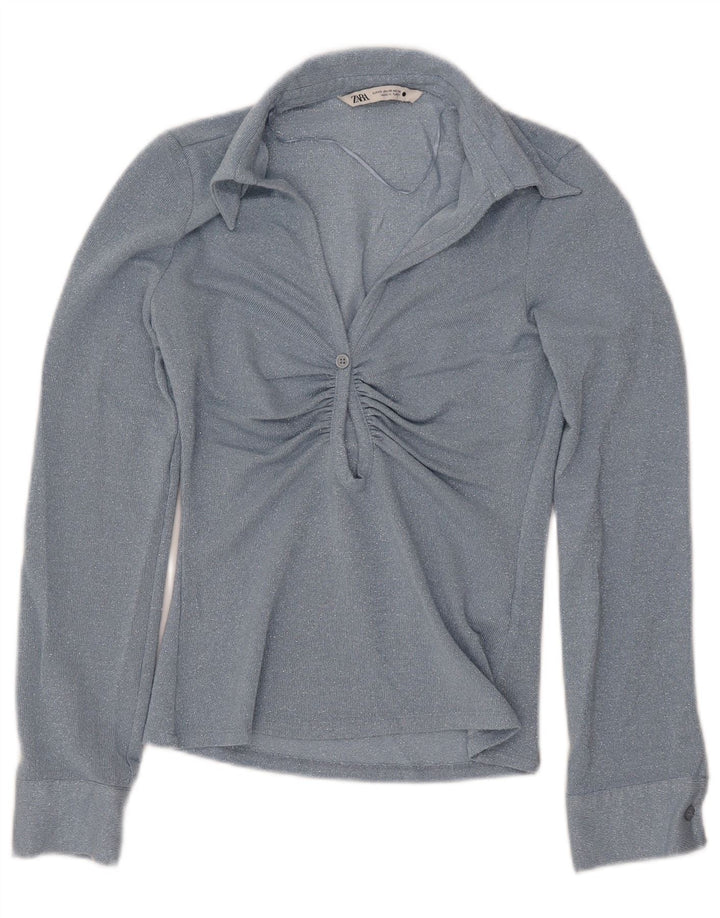 ZARA Mujer Blusa Manga Larga Top UK 6 XS Viscosa Azul