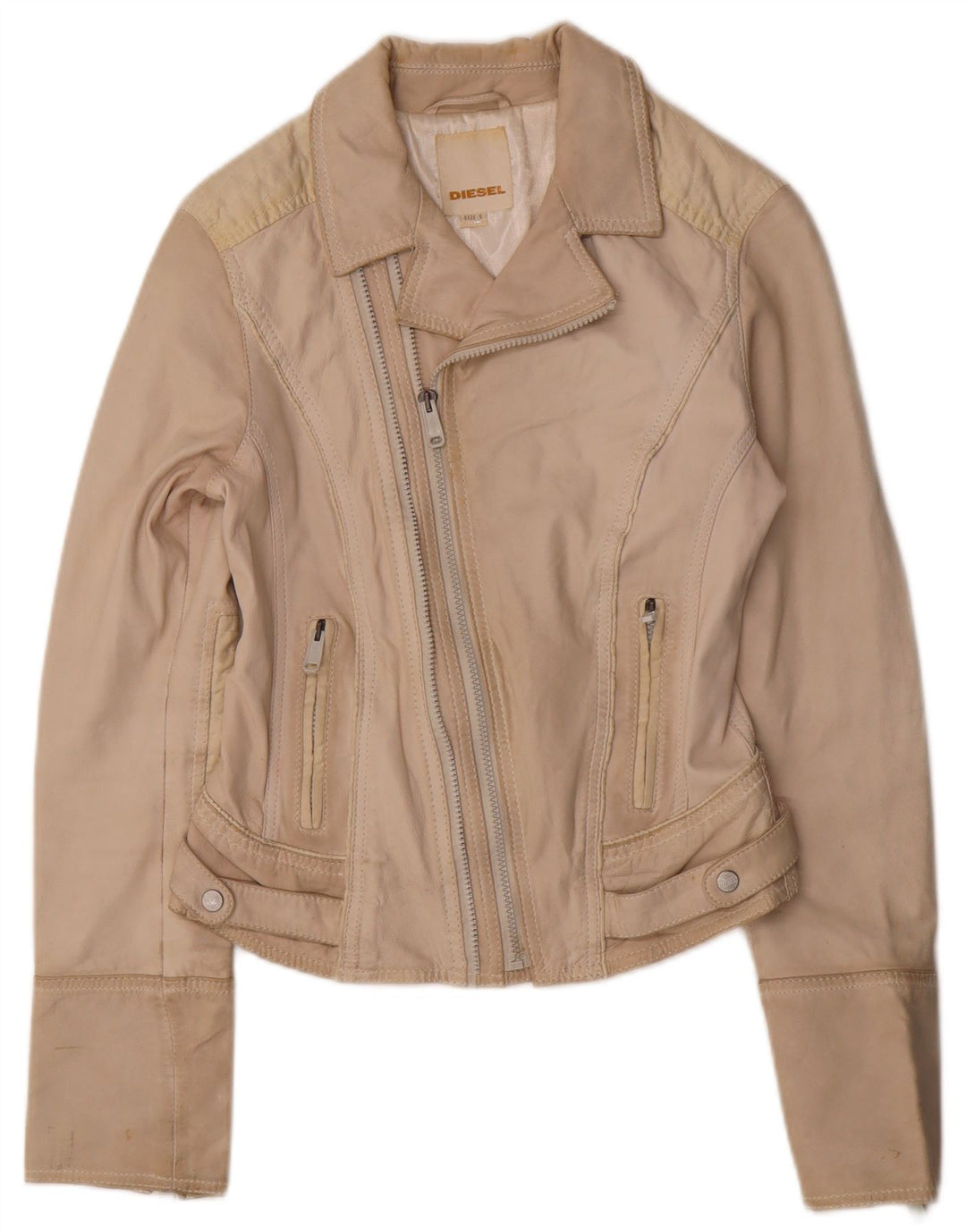 DIESEL Chaqueta motera de cuero corta para mujer UK 10 Small Beige Leather