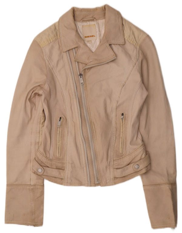 DIESEL Chaqueta motera de cuero corta para mujer UK 10 Small Beige Leather