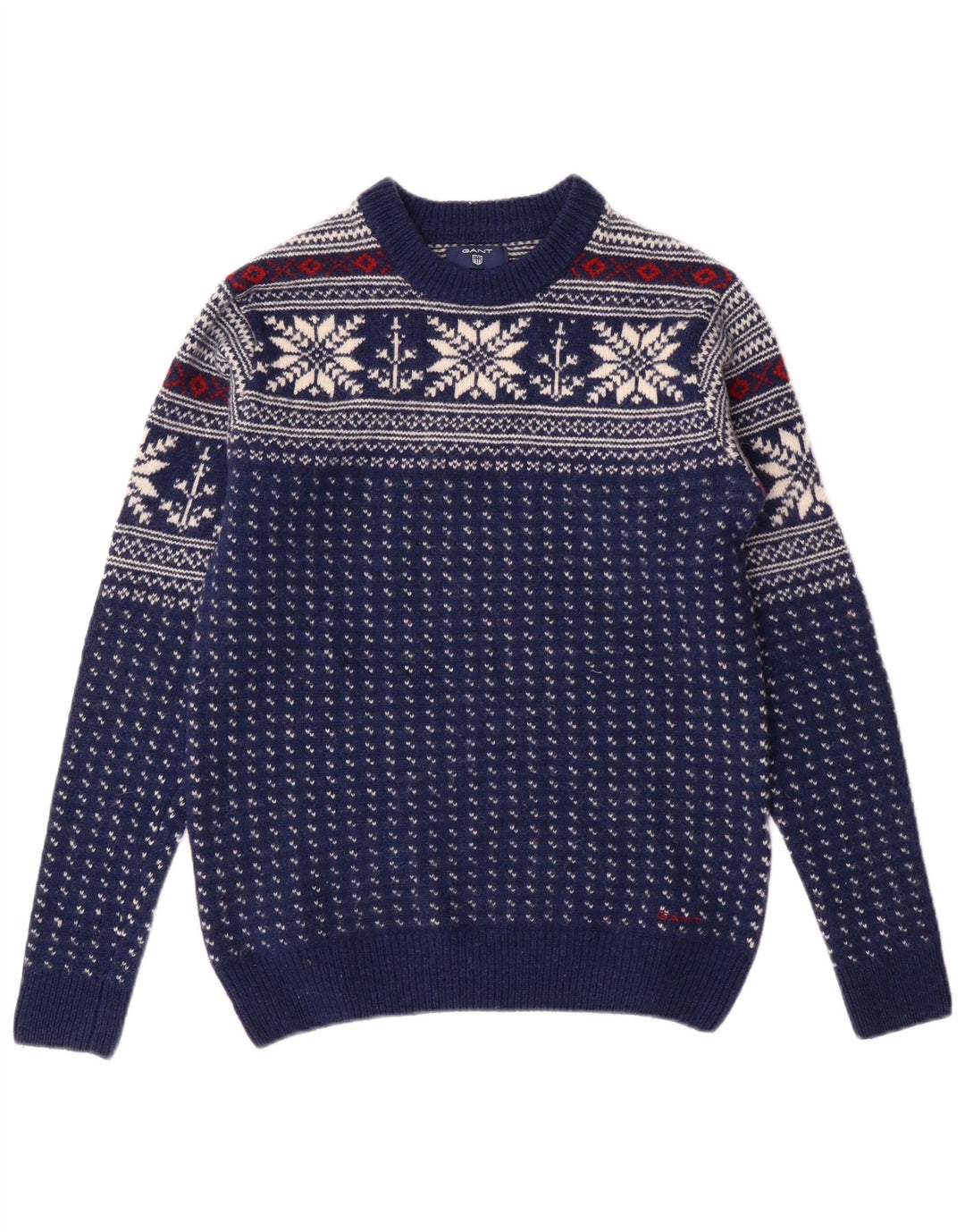 GANT Jersey de cuello redondo para hombre, talla pequeña, lana Fair Isle azul marino