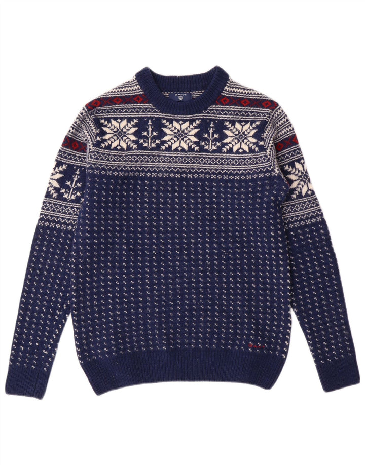 GANT Jersey de cuello redondo para hombre, talla pequeña, lana Fair Isle azul marino