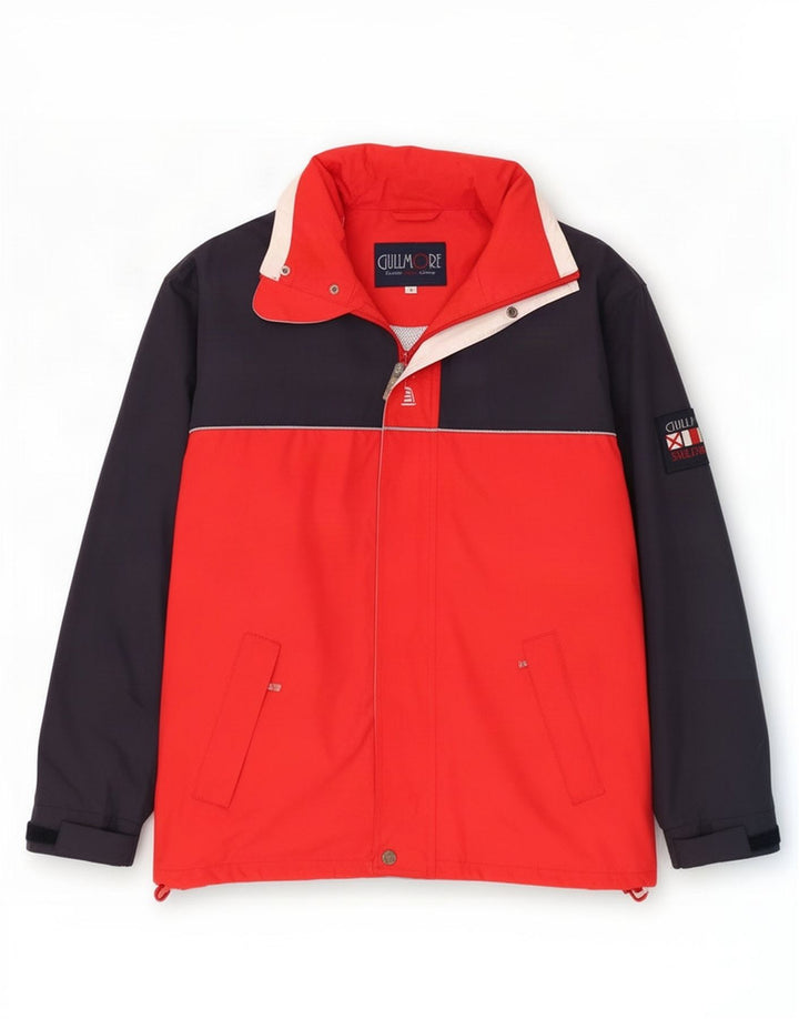 Vintage hombres con capucha chaqueta de lluvia Reino Unido 36 pequeño rojo colorblock poliéster
