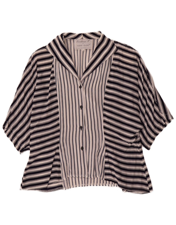 Vintage Womens Short Sleeve Shirt Blouse UK 14 Medium Navy Blue Striped