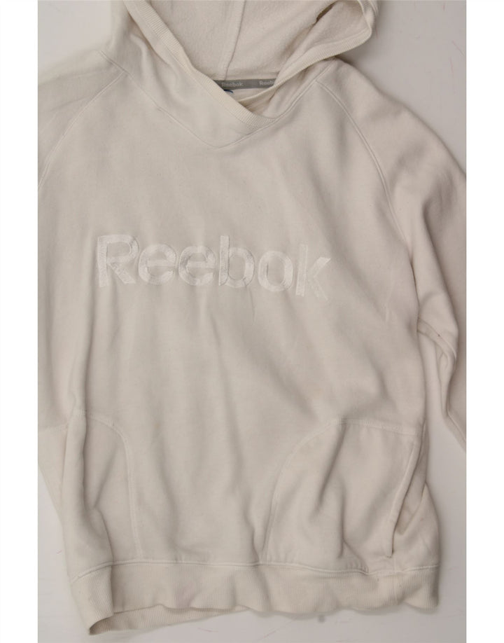 REEBOK Womens Graphic Hoodie Jumper UK 14 Medium White Polyester Vintage Reebok and Second-Hand Reebok from Messina Hembry 