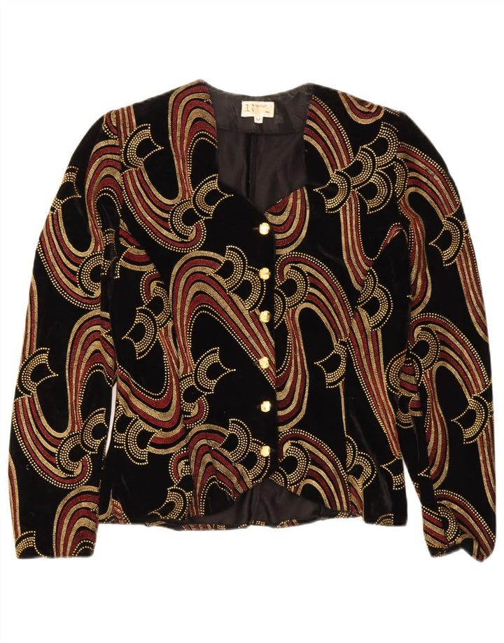 Vintage mujeres terciopelo patrón abstracto cardigan top Reino Unido 12 medio negro