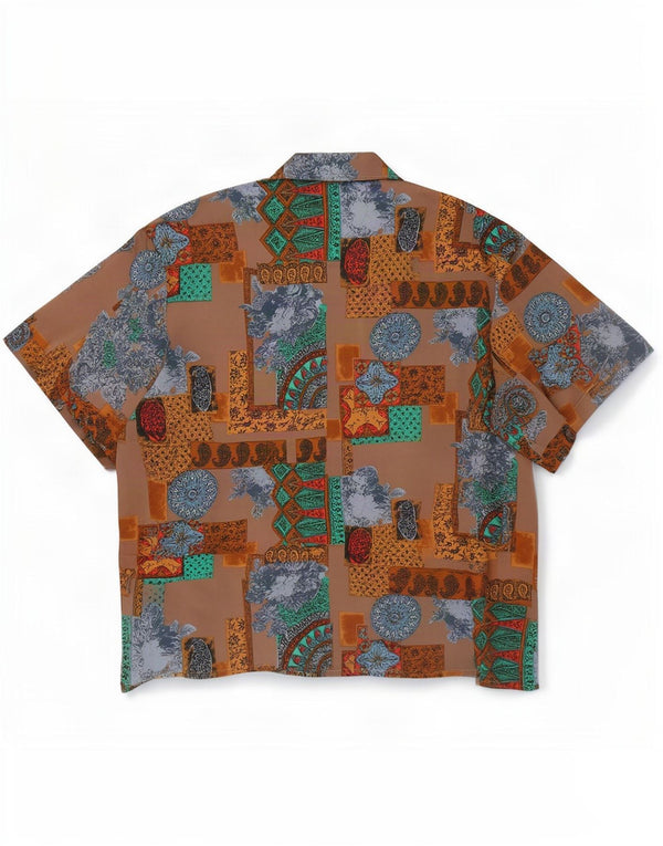 Vintage mujer camisa de manga corta blusa Reino Unido 20 2XL marrón patchwork seda