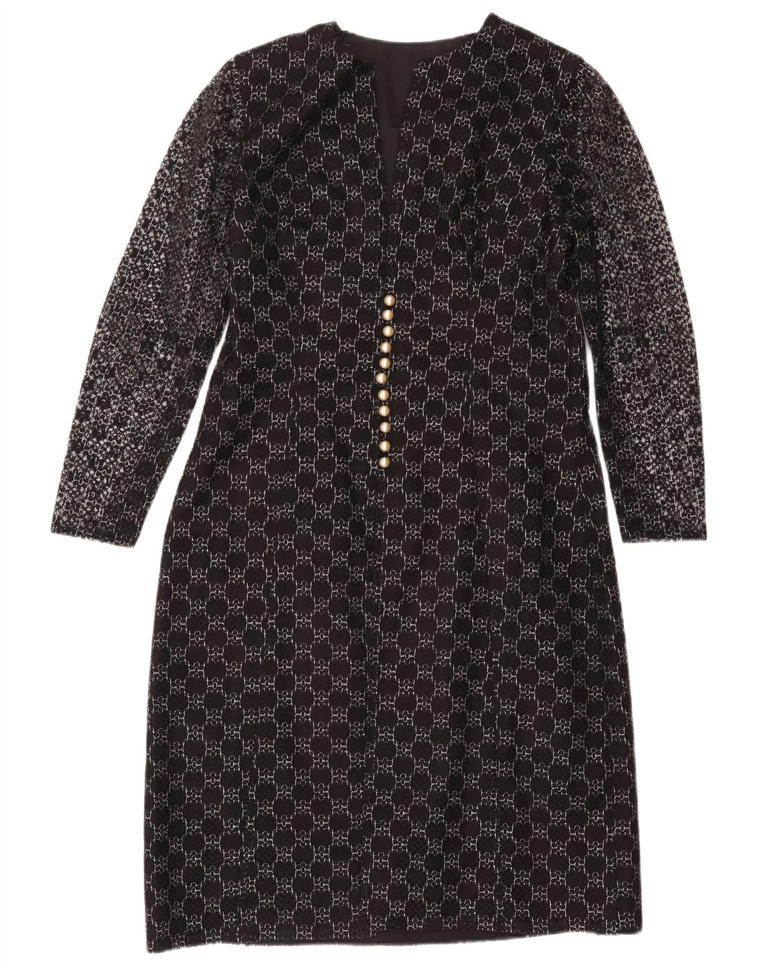 Vintage mujer manga larga vestido vestido Reino Unido 12 medio negro geométrico