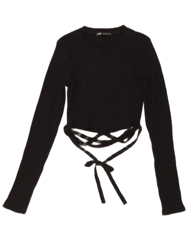 Zara Mujer Crop Top Manga Larga UK 8 Small Algodón Negro
