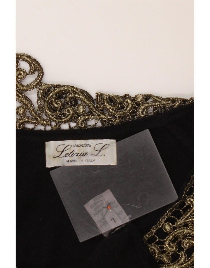 LETIZIA L. Suéter tipo jersey con cuello en V para mujer UK 46 Large Black Paisley Wool