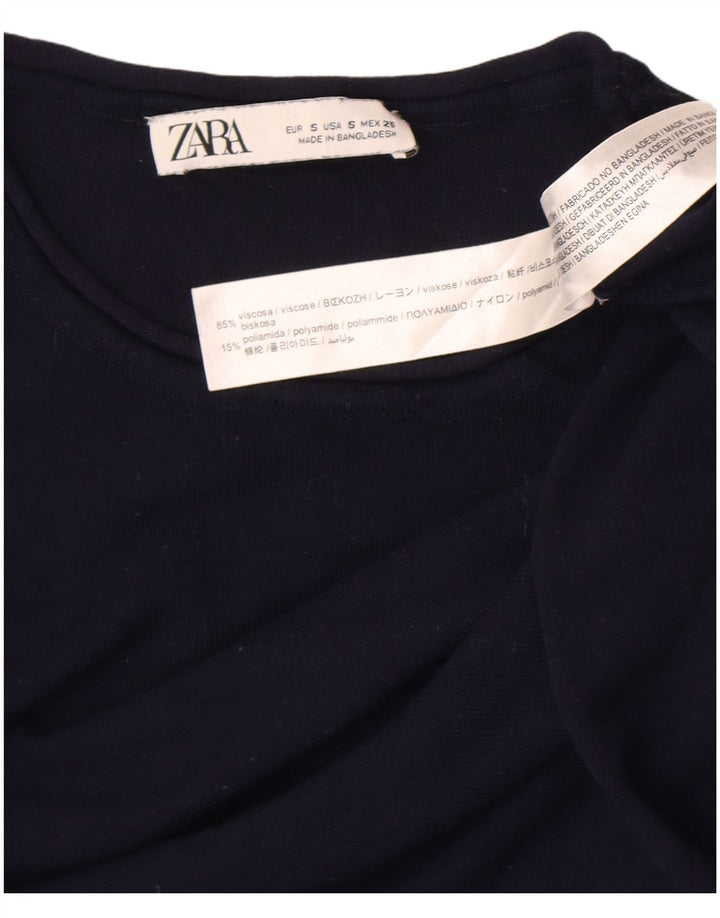 Zara Mujer Crop Top Manga Larga UK 8 Small Azul Marino Viscosa