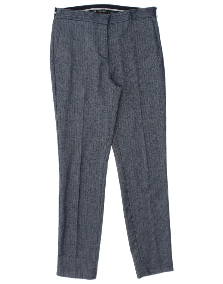 Zara Mujer Pantalón Chino Slim Small W26 L27 Poliéster En Espiga Azul