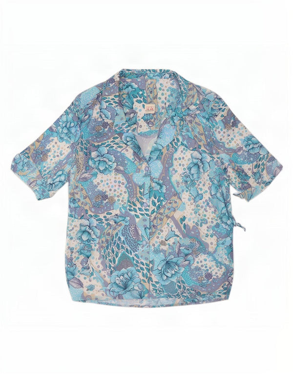 Vintage mujer camisa de manga corta blusa Reino Unido 16 poliéster floral azul grande
