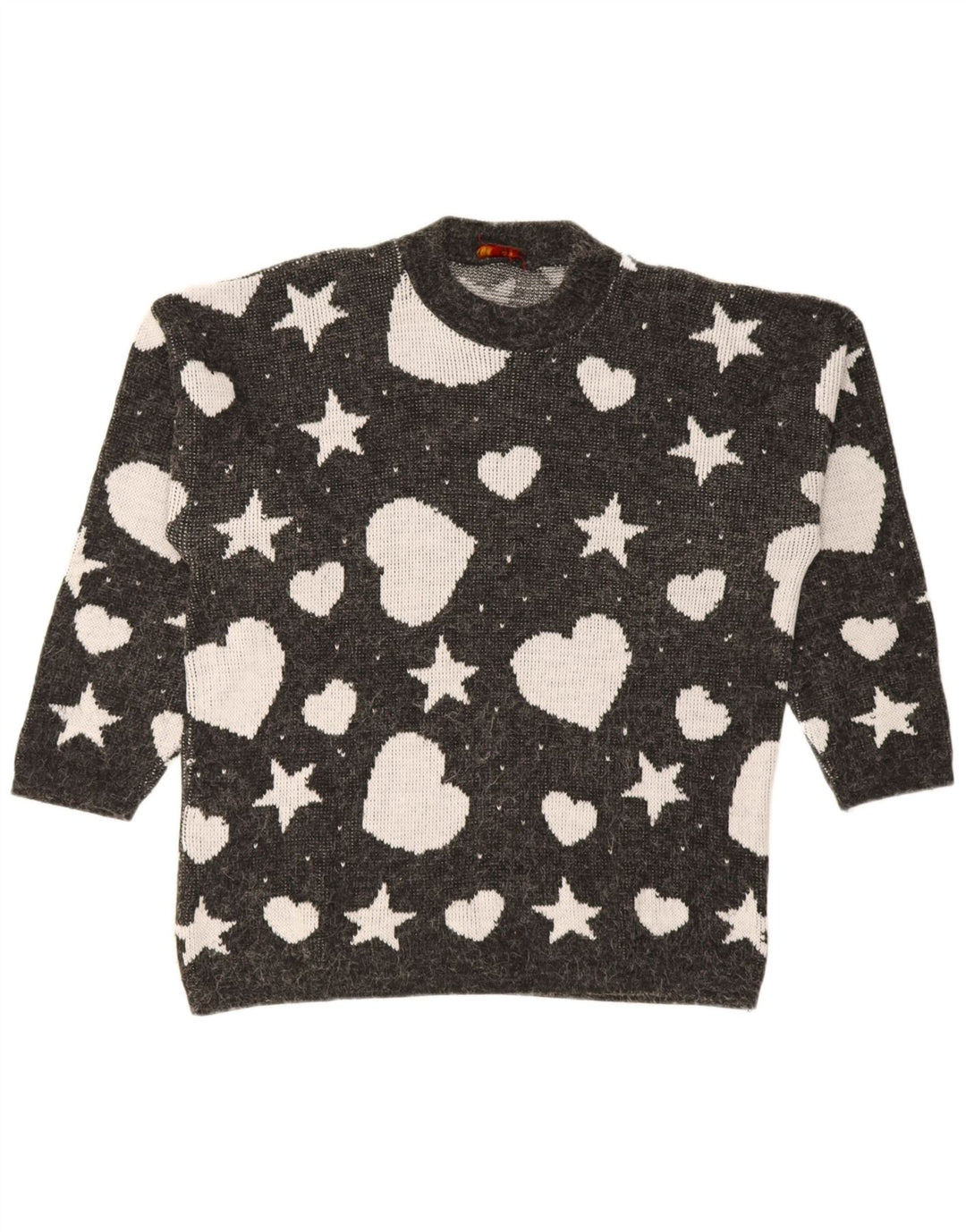 Vintage mujeres patrón abstracto cuello redondo jersey suéter Reino Unido 14 grande negro