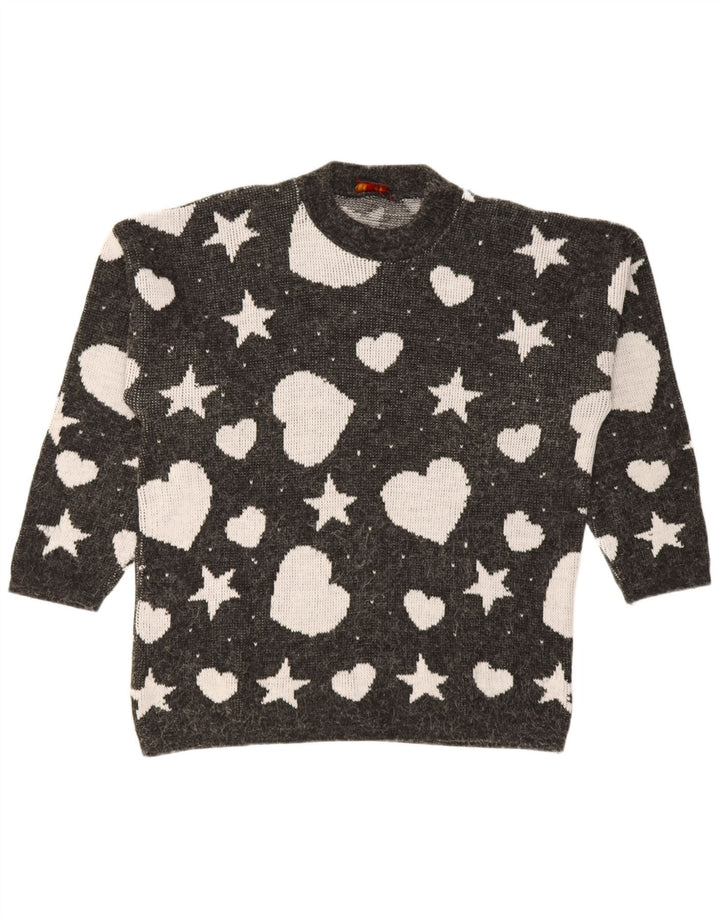 Vintage mujeres patrón abstracto cuello redondo jersey suéter Reino Unido 14 grande negro