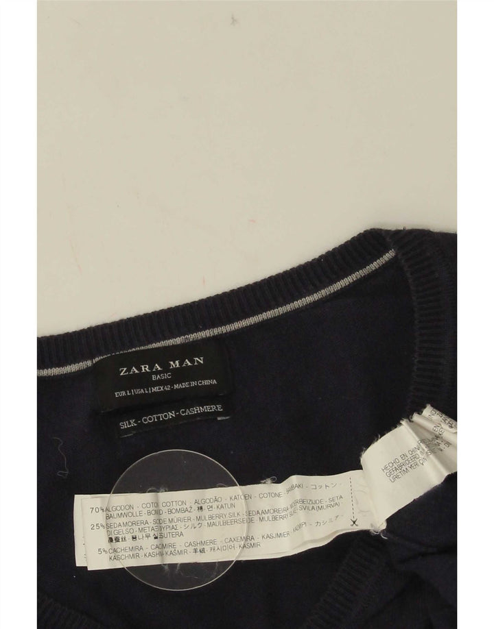 Zara Hombre Jersey Con Cuello En V Jersey Grande Azul Marino Algodón