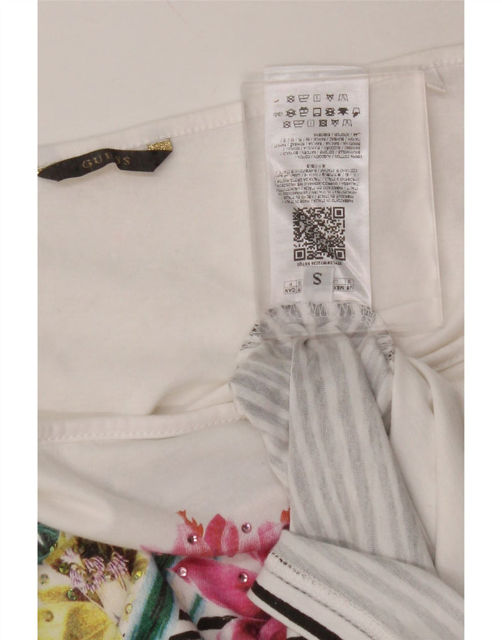 GUESS Camiseta corta con hombros descubiertos para mujer UK 10 Small White Floral Cotton